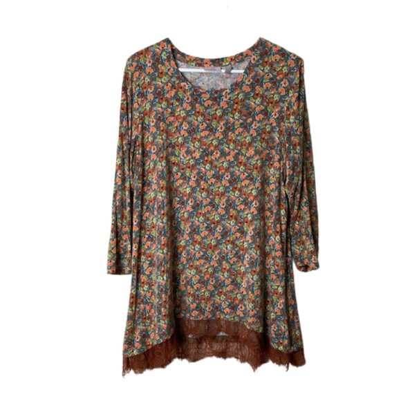 LOGO layers brown floral lace hem tunic top L